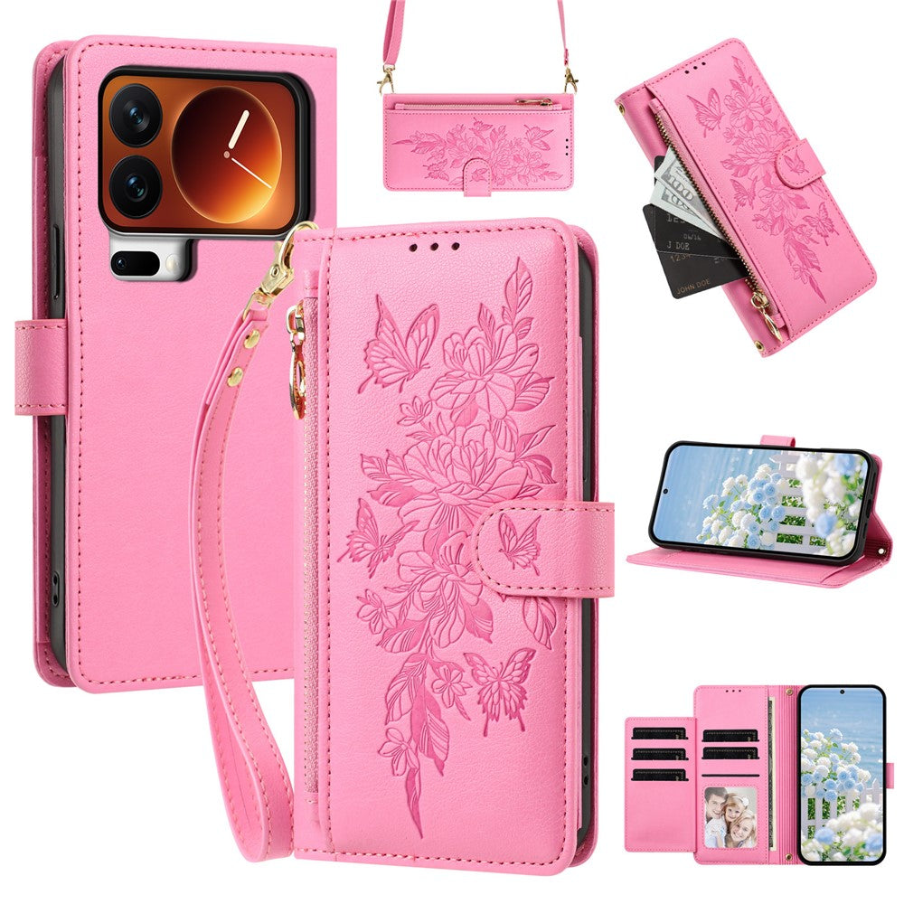 For Xiaomi 17 Pro Max Case PU Leather Butterfly Floral Zippered Wallet Phone Cover with Wrist Strap  /  Shoulder Strap