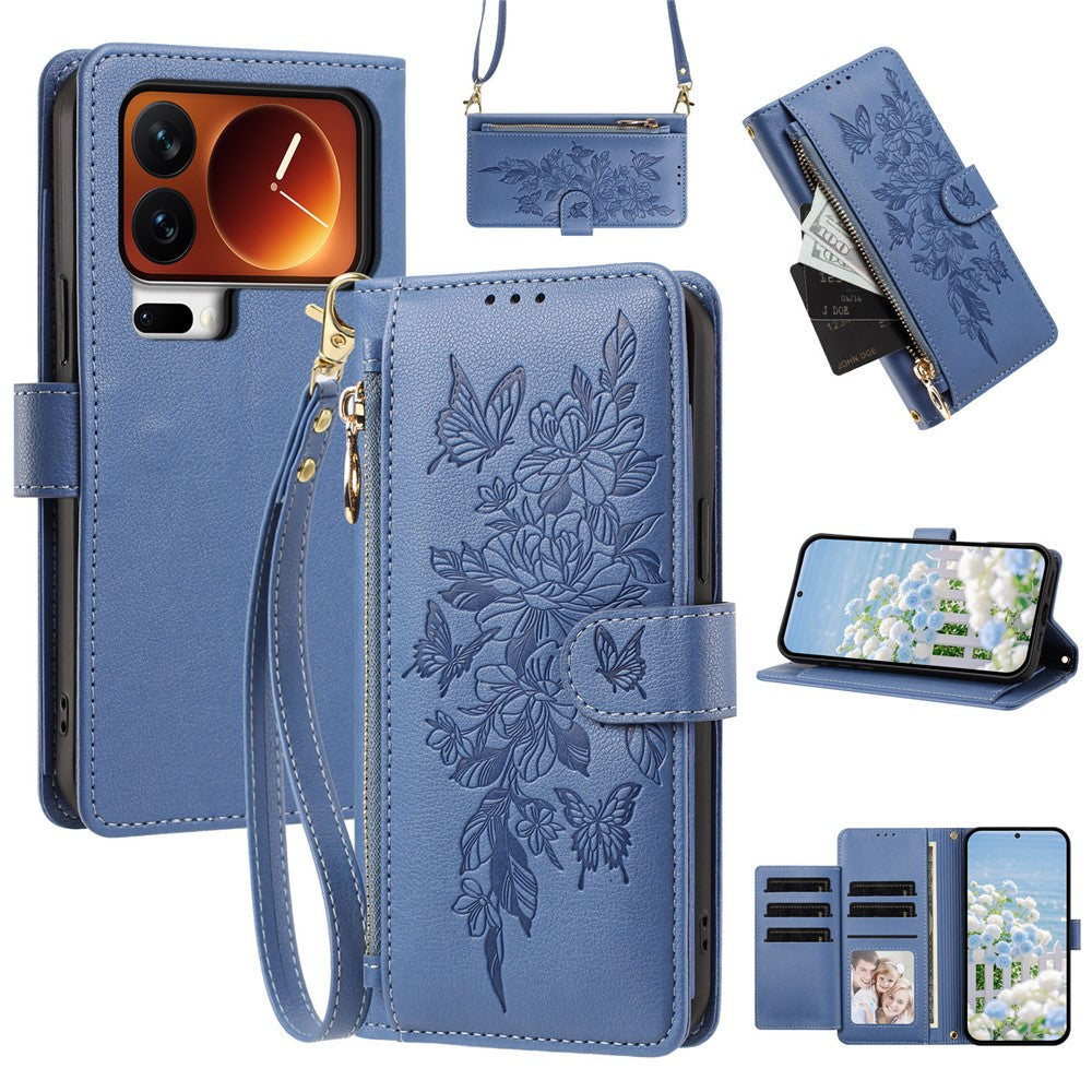 For Xiaomi 17 Pro Max Case PU Leather Butterfly Floral Zippered Wallet Phone Cover with Wrist Strap  /  Shoulder Strap