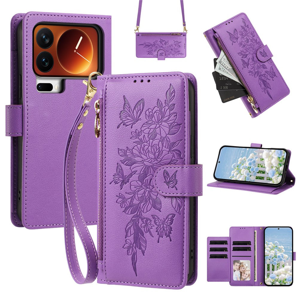 Xiaomi 17 Pro Max Skal PU Läder Fjärils Blommig Dragkedja Plånbok mobilskal med Handledsrem / Axelrem