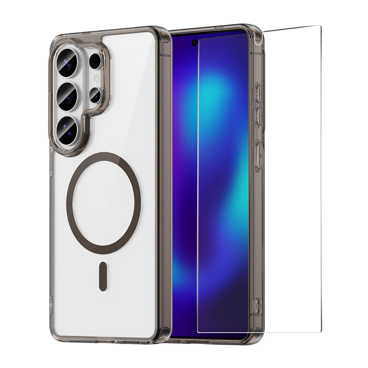 HAT PRINCE ENKAY magnetisk etui til Samsung Galaxy S24 Ultra, gennemsigtigt TPU-mobilcover med skærmbeskyttelse i højstyrke aluminium-silikoneglas (oplåsning med fingeraftryk)