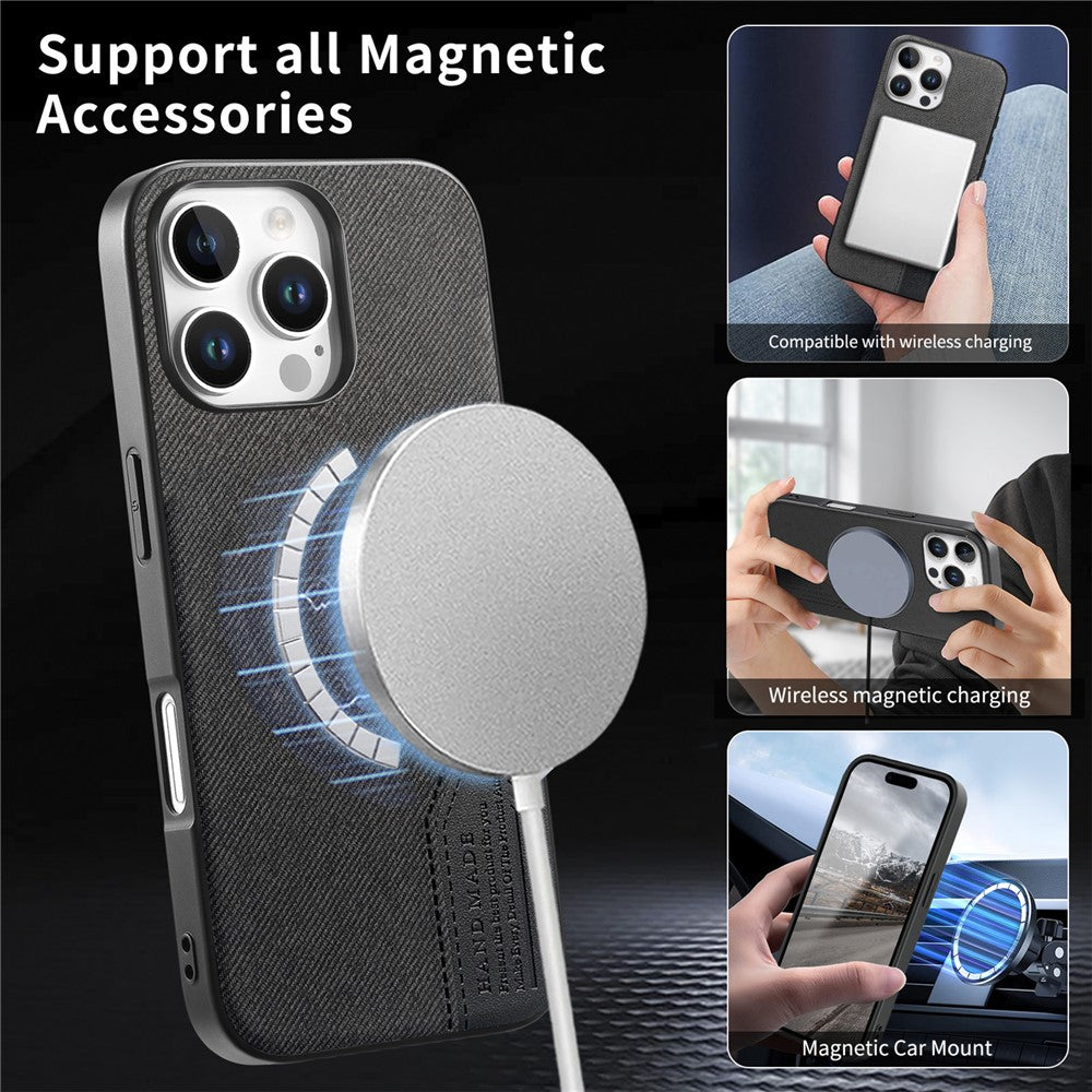 For iPhone 16 Pro Max Magnetic Case Cloth Texture PU Leather + PC + TPU Phone Cover