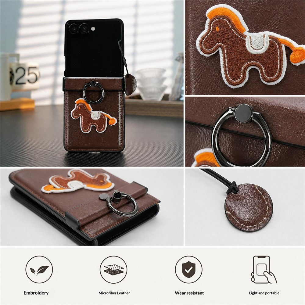 Til Samsung Galaxy Z Flip7 5G-cover, broderi med hestemotiv, mikrofiberlæderbagside med ringholder og støttefod