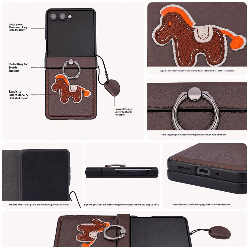 Til Samsung Galaxy Z Flip7 5G-cover, broderi med hestemotiv, mikrofiberlæderbagside med ringholder og støttefod