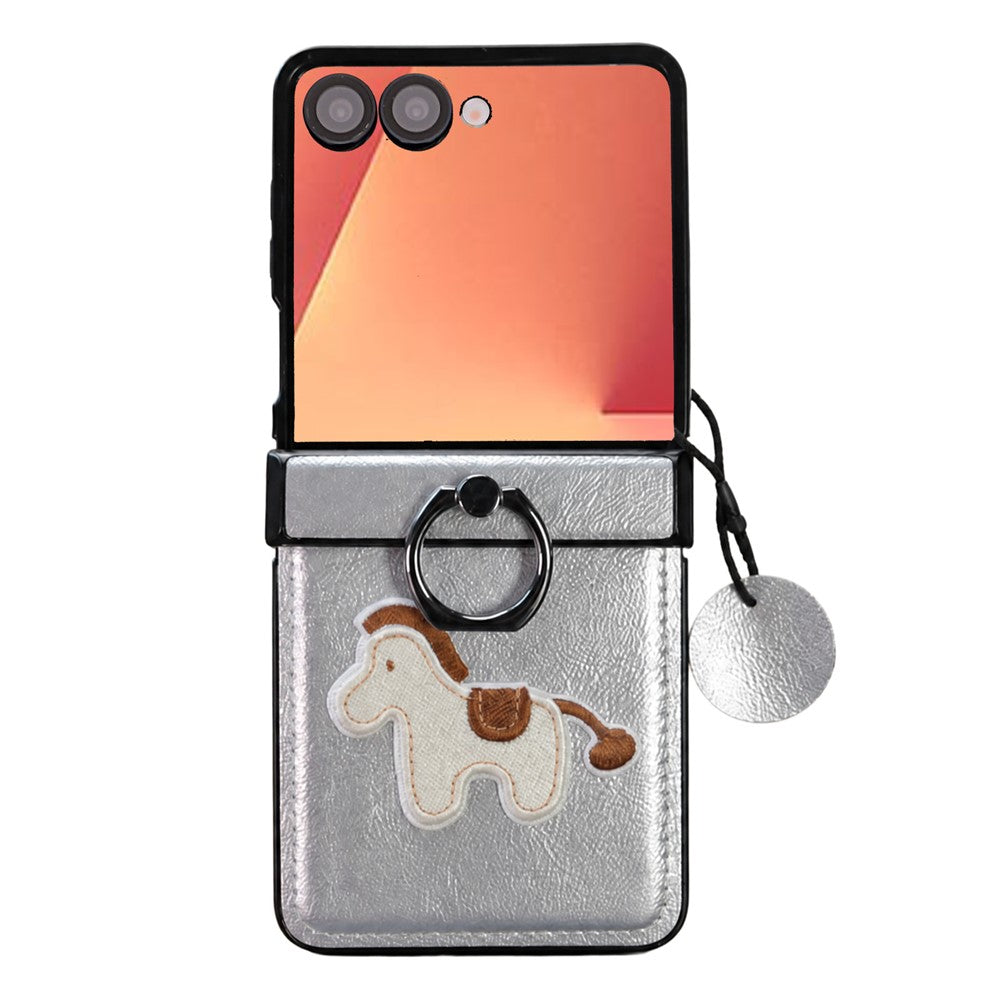 Til Samsung Galaxy Z Flip7 5G-cover, broderi med hestemotiv, mikrofiberlæderbagside med ringholder og støttefod