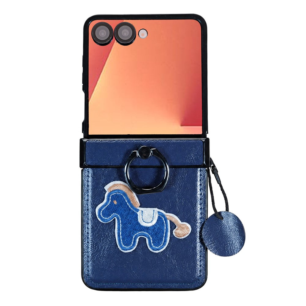 Til Samsung Galaxy Z Flip7 5G-cover, broderi med hestemotiv, mikrofiberlæderbagside med ringholder og støttefod
