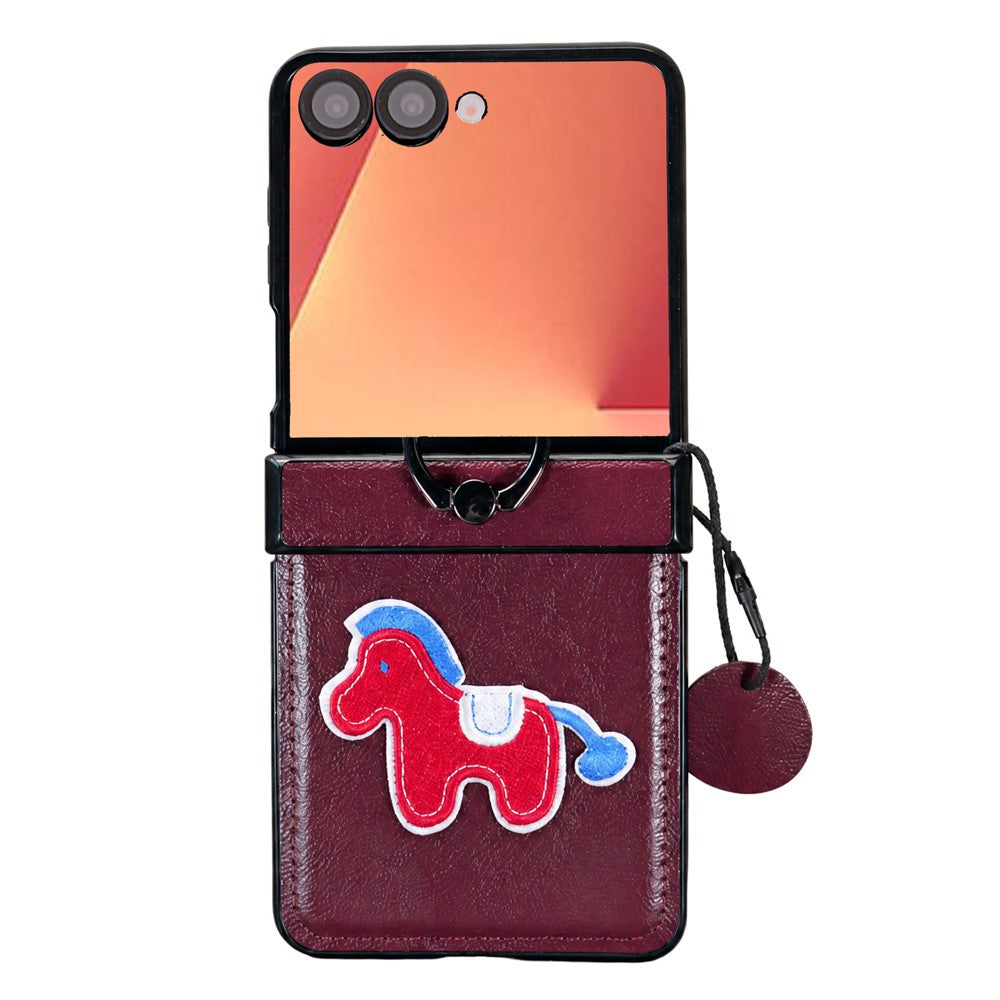 Til Samsung Galaxy Z Flip7 5G-cover, broderi med hestemotiv, mikrofiberlæderbagside med ringholder og støttefod