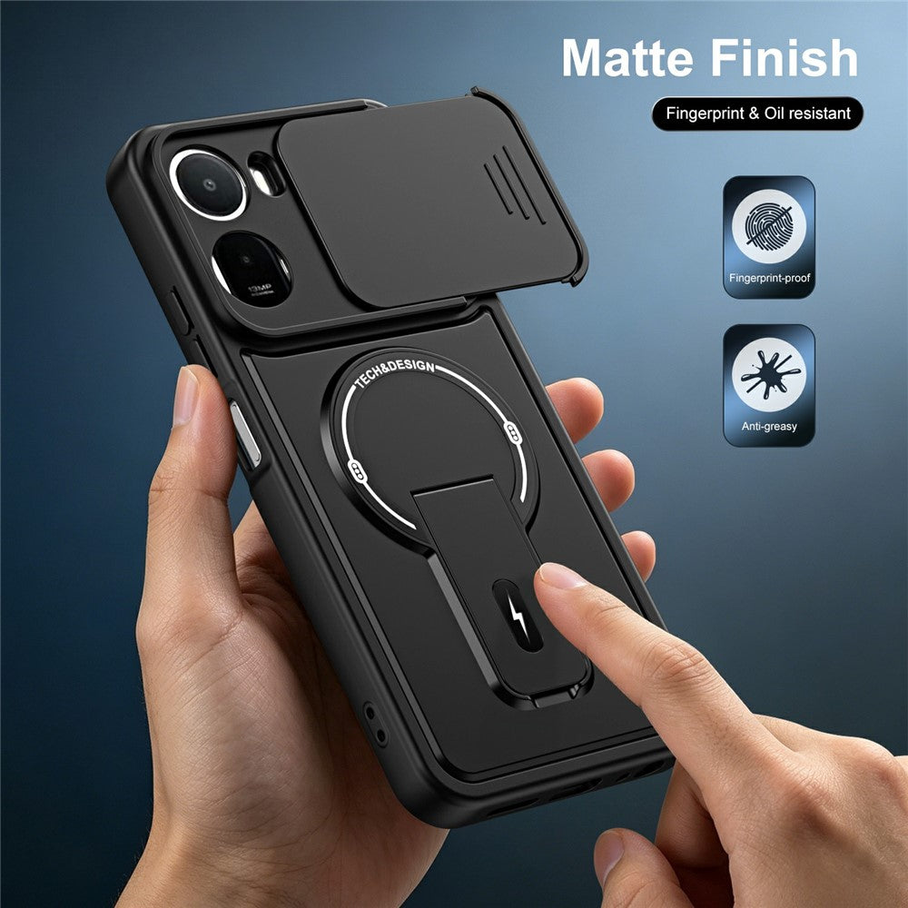 For Xiaomi Redmi A7 Pro 4G (171.56mm) / 15a 5G Case with Slide Camera Cover Kickstand Shockproof PC + TPU Matte Finish Phone Shell