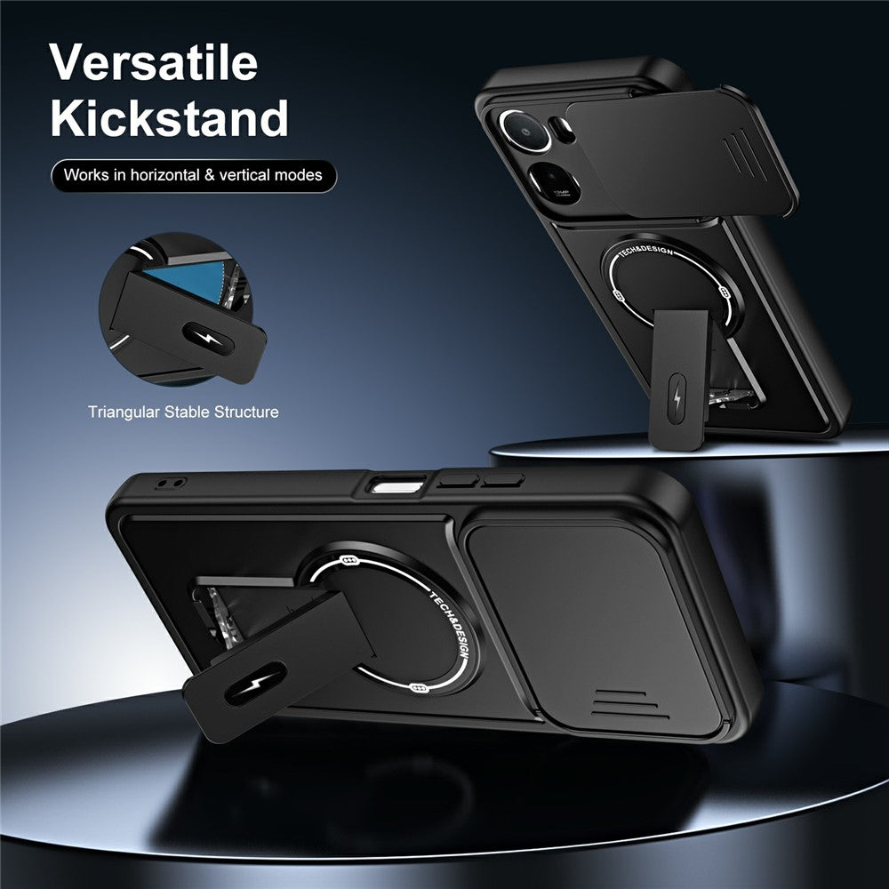 For Xiaomi Redmi A7 Pro 4G (171.56mm) / 15a 5G Case with Slide Camera Cover Kickstand Shockproof PC + TPU Matte Finish Phone Shell