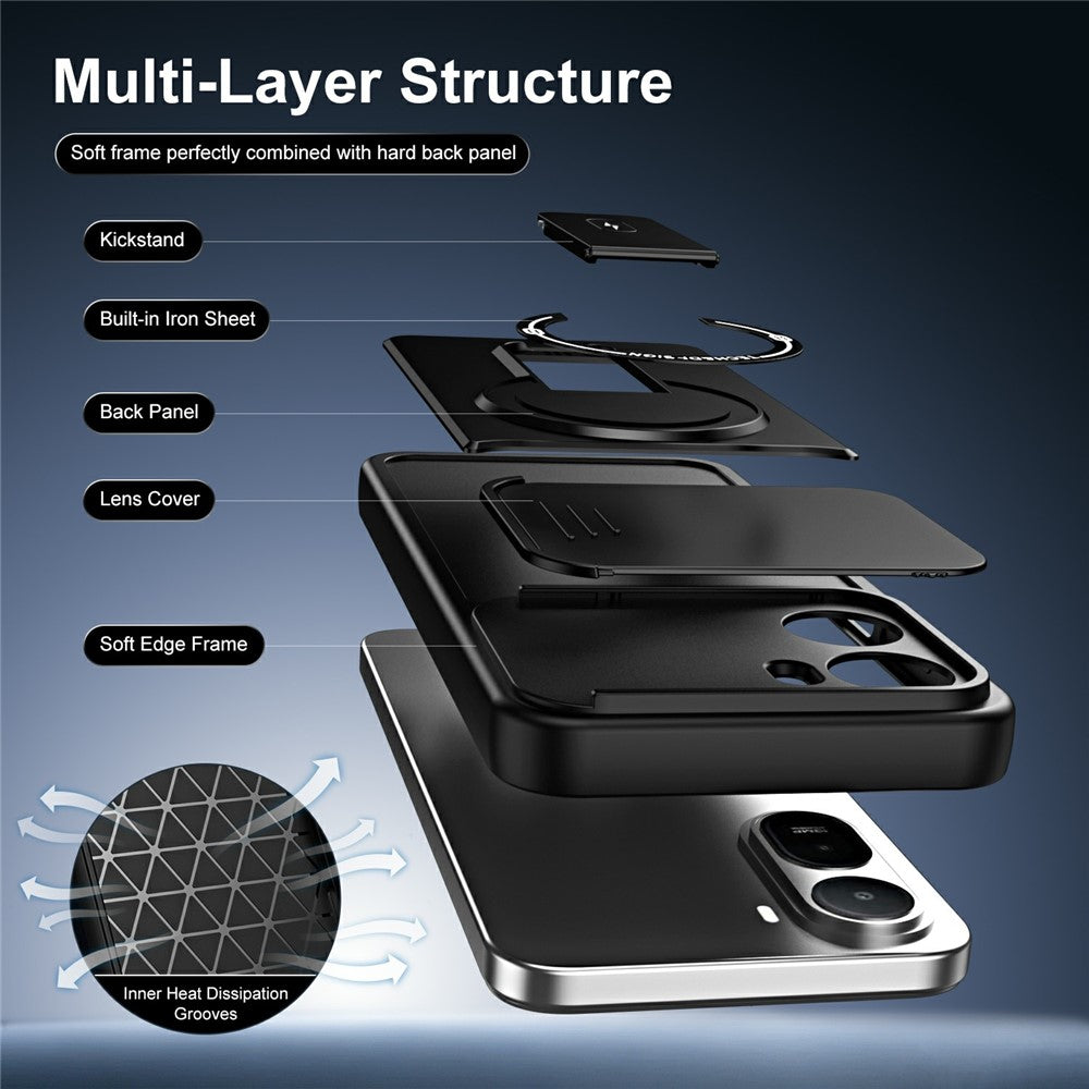 For Xiaomi Redmi A7 Pro 4G (171.56mm) / 15a 5G Case with Slide Camera Cover Kickstand Shockproof PC + TPU Matte Finish Phone Shell
