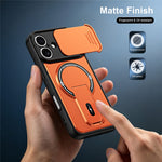 For iPhone 16 Case with Slide Camera Cover Kickstand Shockproof PC + TPU Matte Finish Phone Shell