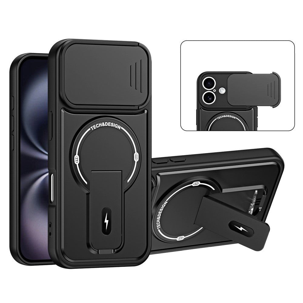 For iPhone 16 Case with Slide Camera Cover Kickstand Shockproof PC + TPU Matte Finish Phone Shell
