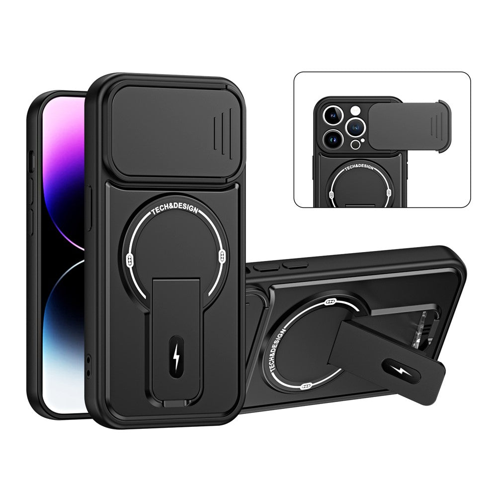 Til iPhone 14 Pro cover med skydelåg til kamera, støttefod, stødsikker PC + TPU mat finish telefoncover