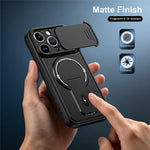 Til iPhone 14 Pro cover med skydelåg til kamera, støttefod, stødsikker PC + TPU mat finish telefoncover