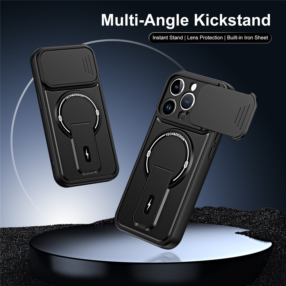 Til iPhone 14 Pro cover med skydelåg til kamera, støttefod, stødsikker PC + TPU mat finish telefoncover