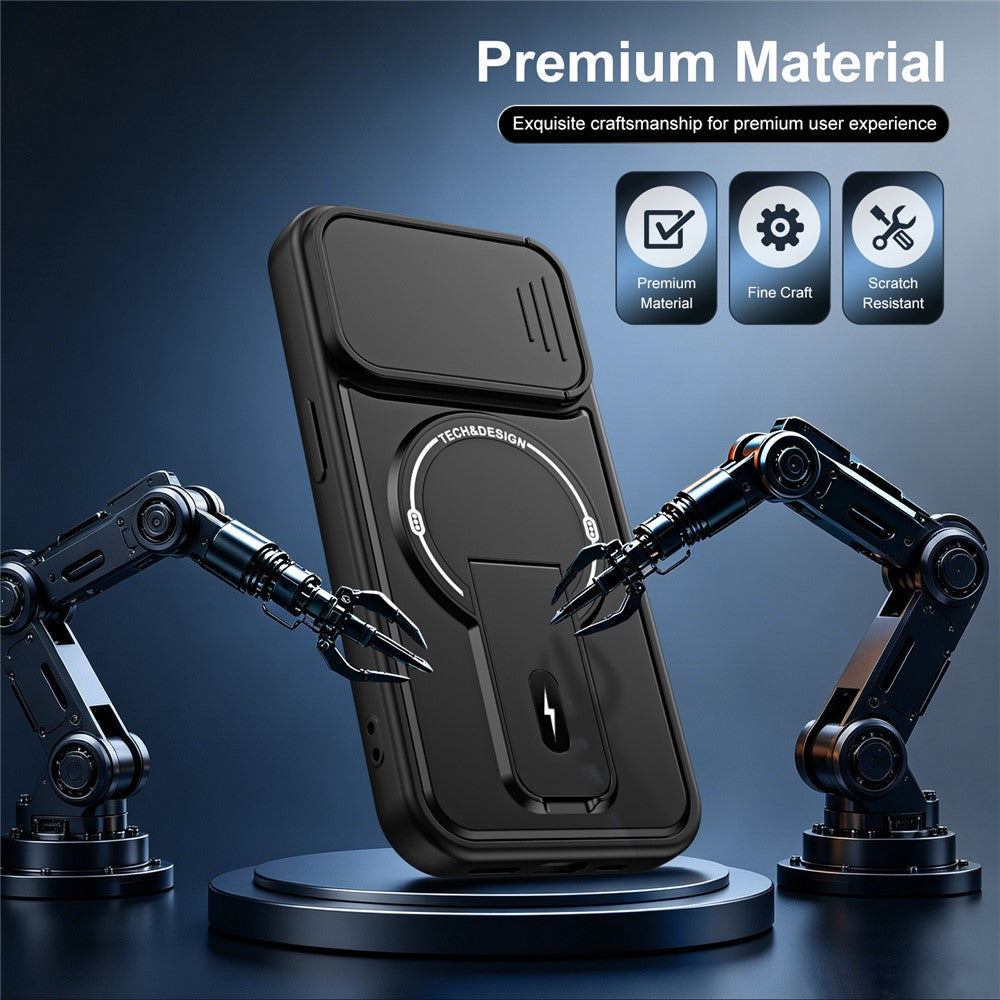 Til iPhone 14 Pro cover med skydelåg til kamera, støttefod, stødsikker PC + TPU mat finish telefoncover