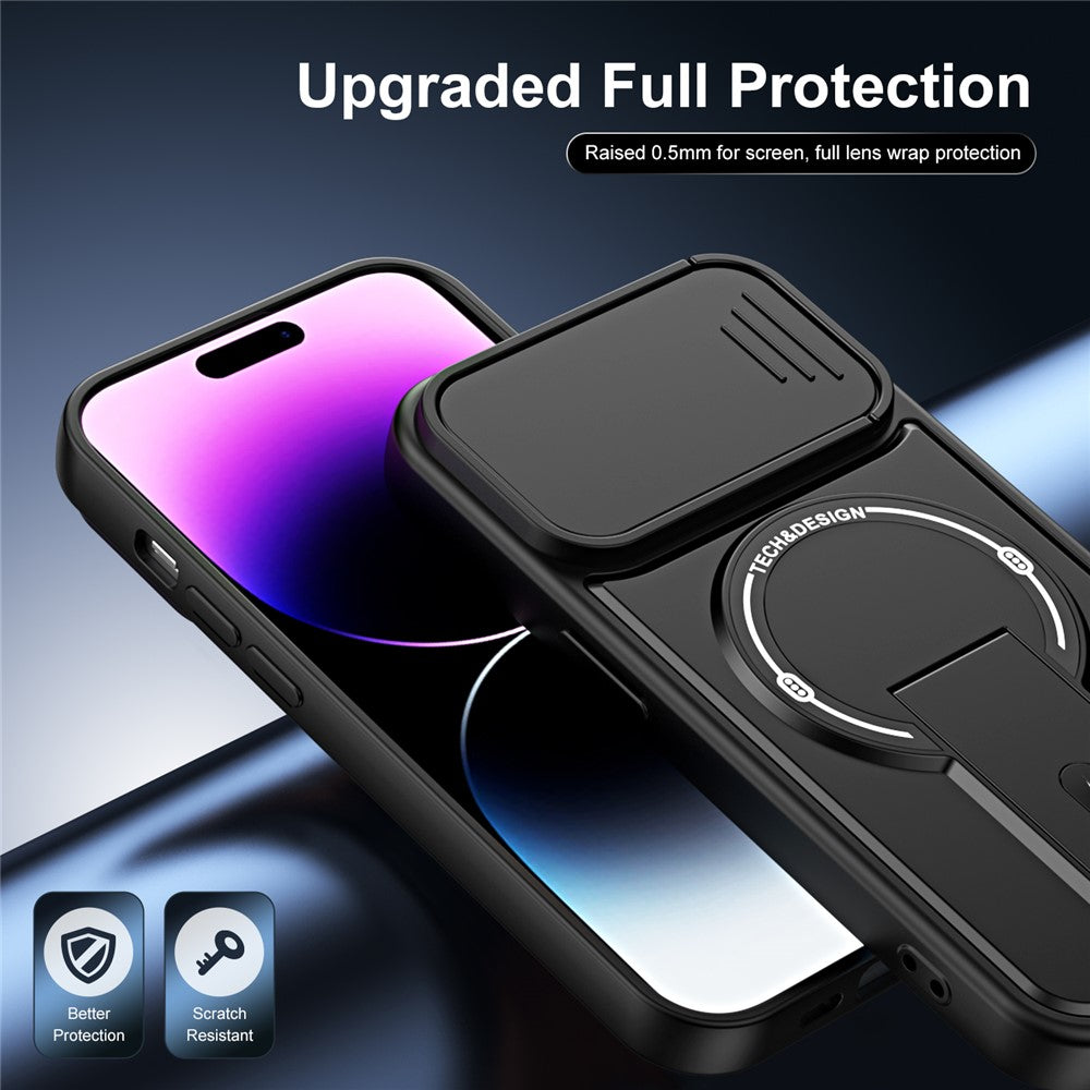 Til iPhone 14 Pro cover med skydelåg til kamera, støttefod, stødsikker PC + TPU mat finish telefoncover