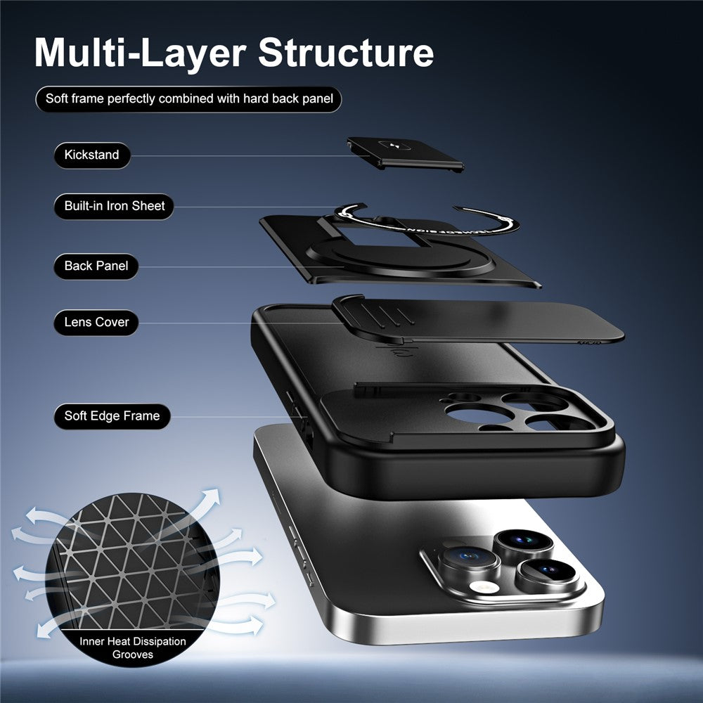 Til iPhone 14 Pro cover med skydelåg til kamera, støttefod, stødsikker PC + TPU mat finish telefoncover