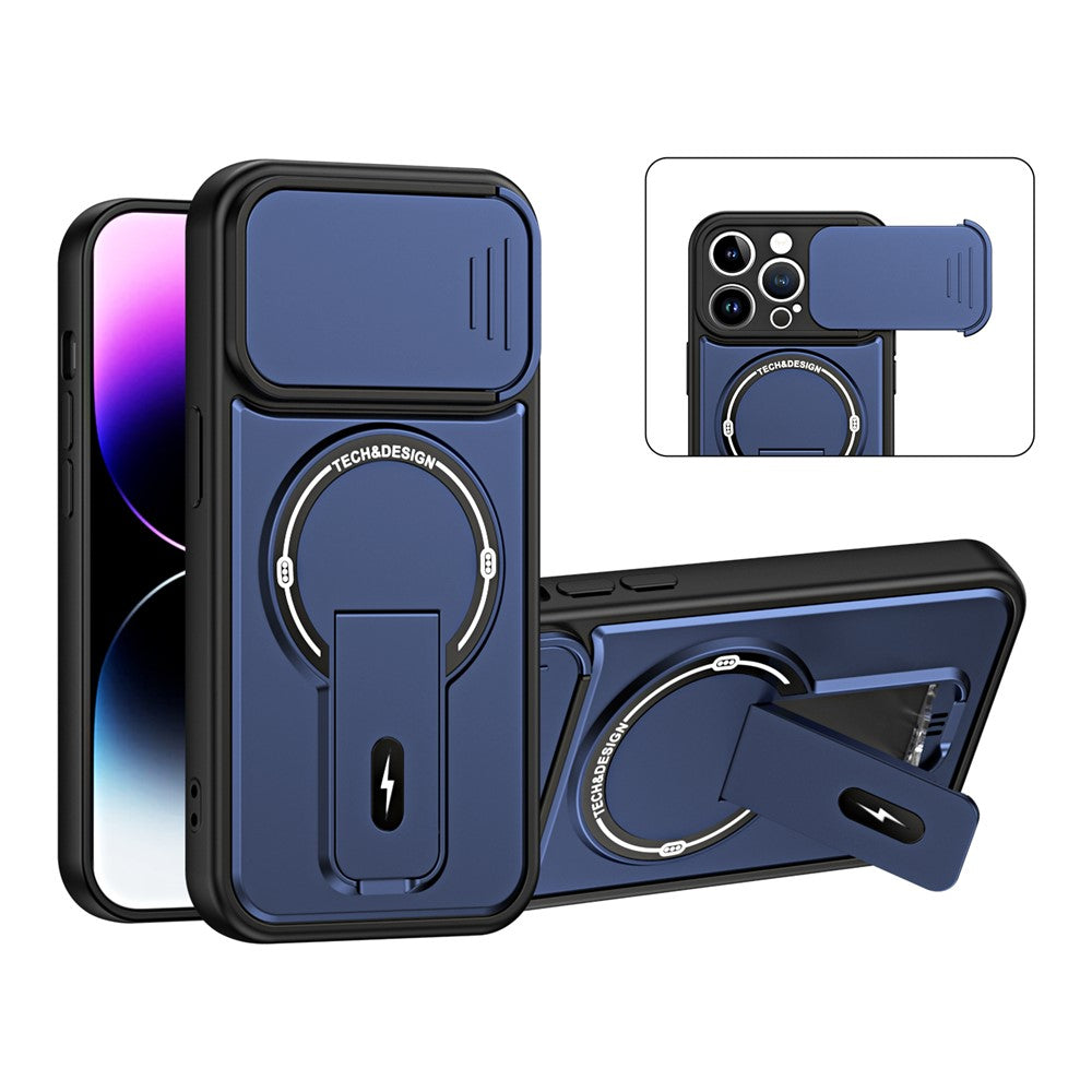 Til iPhone 14 Pro cover med skydelåg til kamera, støttefod, stødsikker PC + TPU mat finish telefoncover