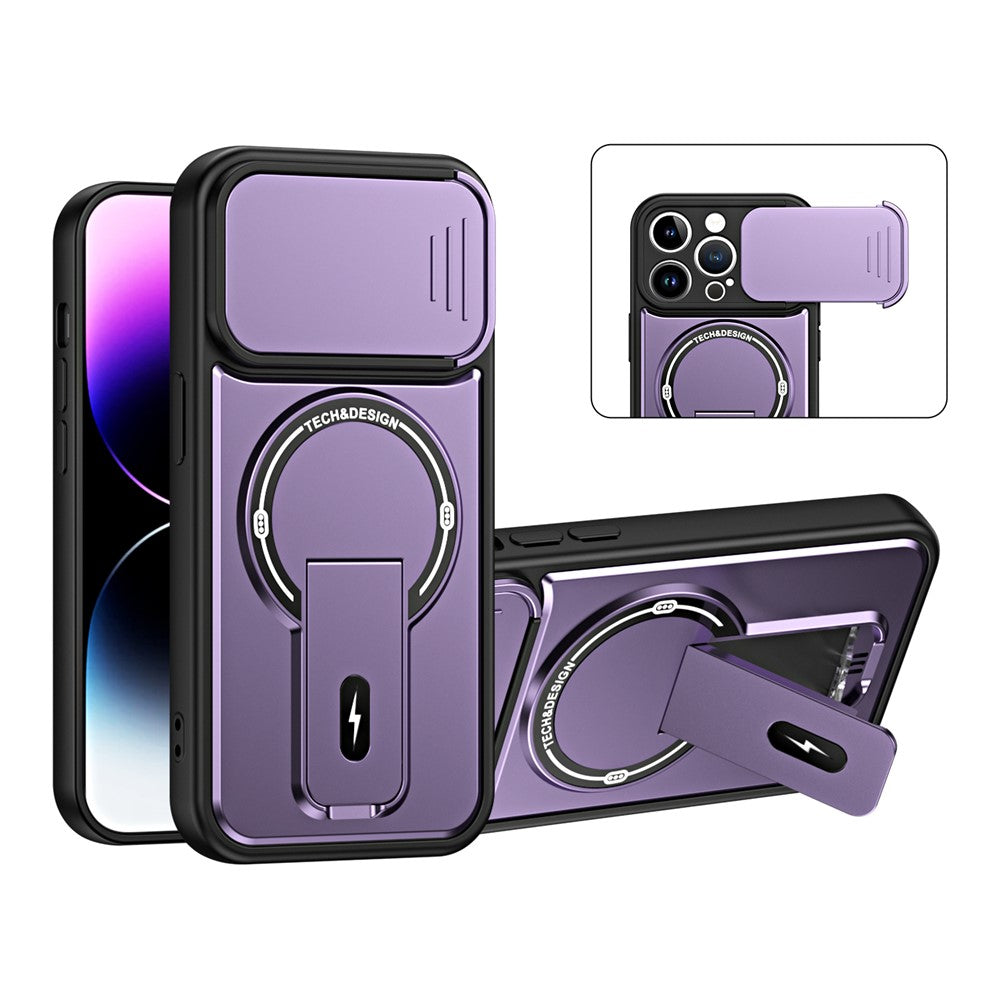 Til iPhone 14 Pro cover med skydelåg til kamera, støttefod, stødsikker PC + TPU mat finish telefoncover