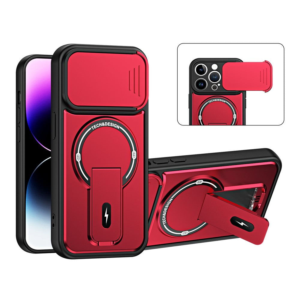 Til iPhone 14 Pro cover med skydelåg til kamera, støttefod, stødsikker PC + TPU mat finish telefoncover