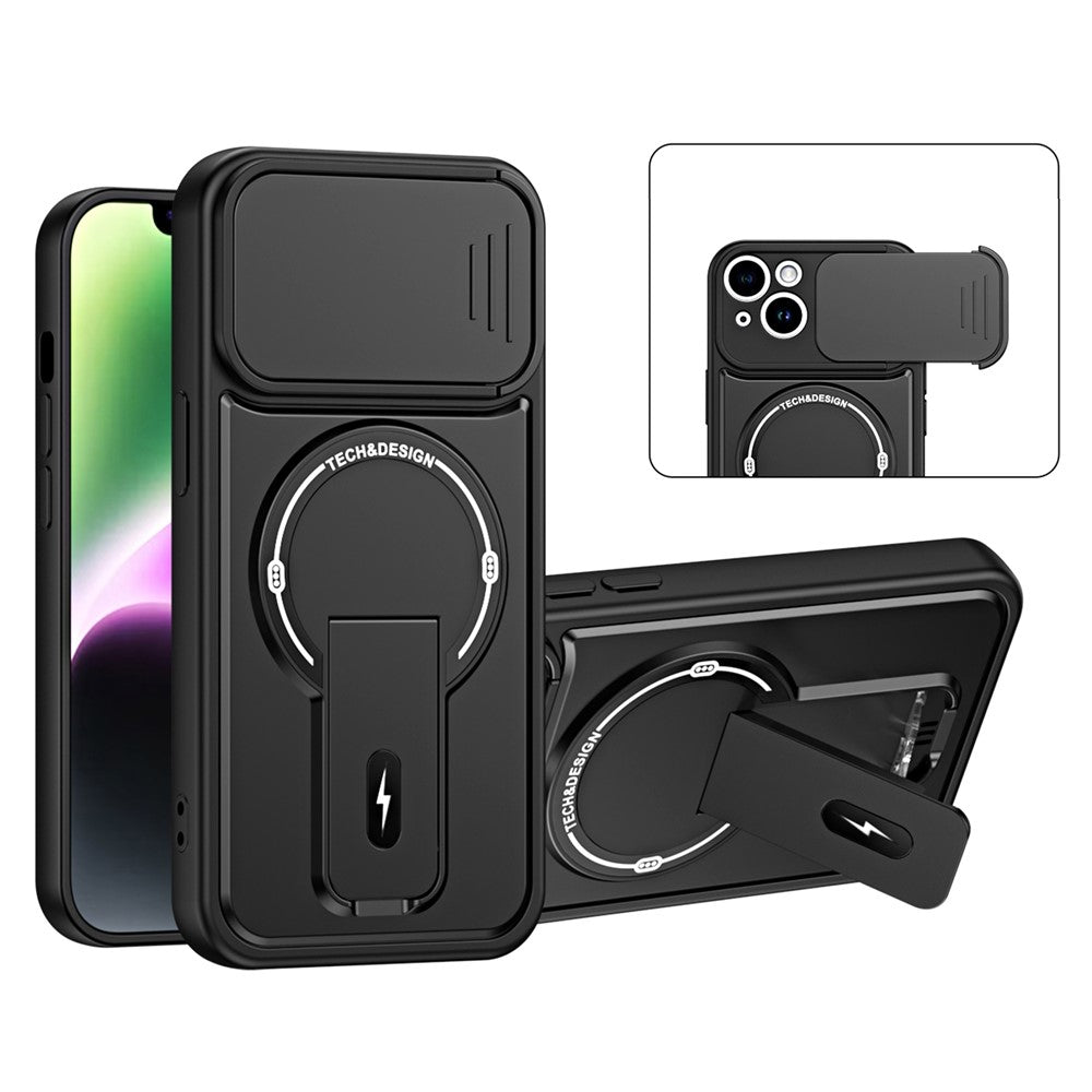 Skal till iPhone 13 med glidande kameraskydd, stativ, stötsäkert PC + TPU, matt finish, mobilskal