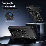 Skal till iPhone 13 med glidande kameraskydd, stativ, stötsäkert PC + TPU, matt finish, mobilskal