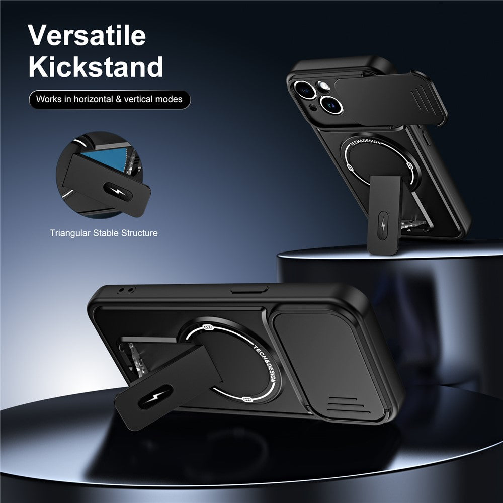 Skal till iPhone 13 med glidande kameraskydd, stativ, stötsäkert PC + TPU, matt finish, mobilskal