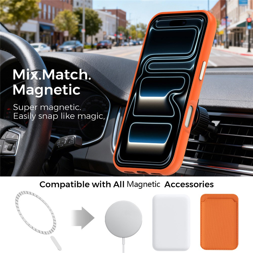 Til iPhone 18 Pro Cover Kompatibelt med MagSafe Fint Gittermønster Læderbelagt TPU PC Telefoncover med Metal Linseramme