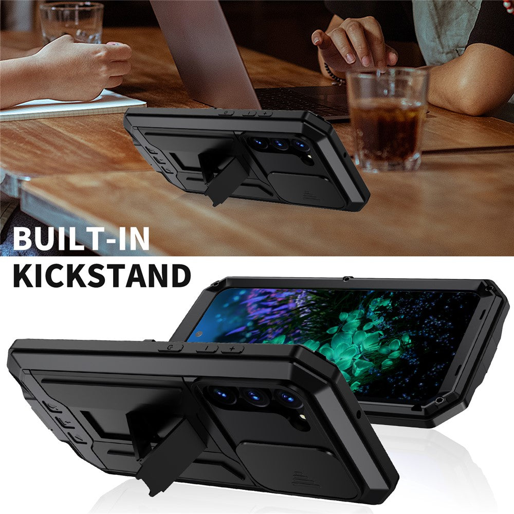 R-JUST mobilcover til Samsung Galaxy S23+ med skydeligt kameradæksel, PC+Silikone+metal, stativ, faldsikkert cover med hærdet glas-skærmbeskytter