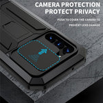 R-JUST mobilcover til Samsung Galaxy S23+ med skydeligt kameradæksel, PC+Silikone+metal, stativ, faldsikkert cover med hærdet glas-skærmbeskytter