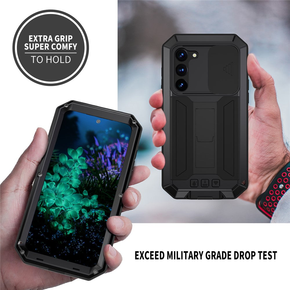 R-JUST mobilcover til Samsung Galaxy S23+ med skydeligt kameradæksel, PC+Silikone+metal, stativ, faldsikkert cover med hærdet glas-skærmbeskytter
