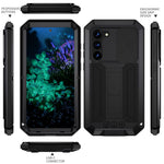 R-JUST mobilcover til Samsung Galaxy S23+ med skydeligt kameradæksel, PC+Silikone+metal, stativ, faldsikkert cover med hærdet glas-skærmbeskytter