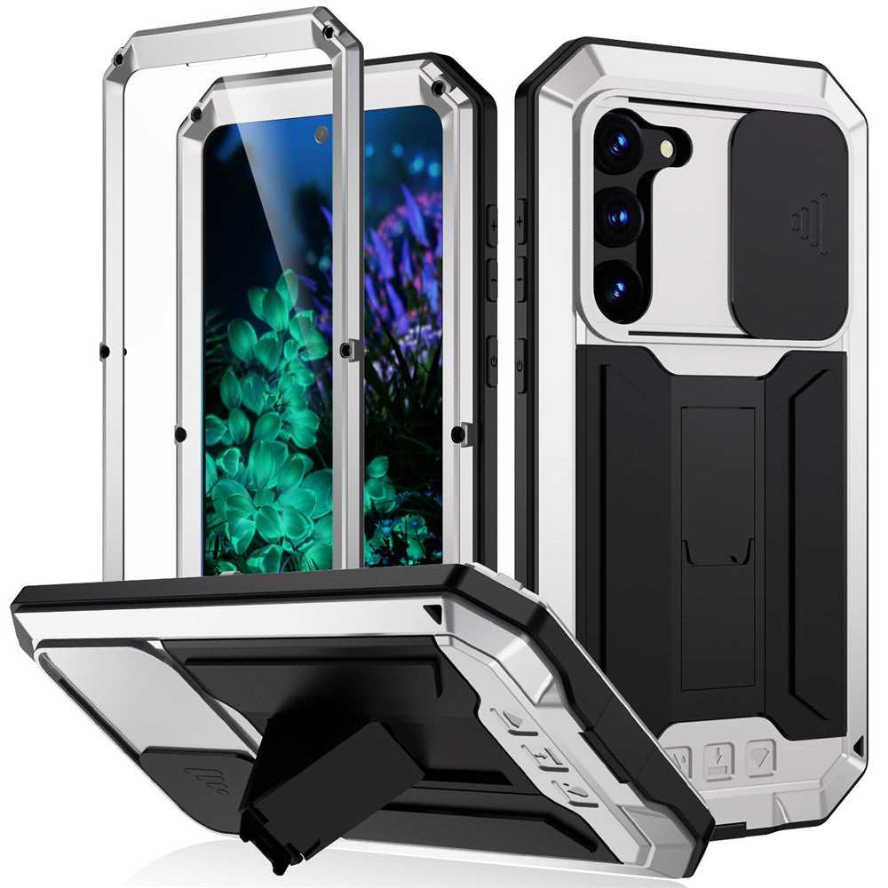 R-JUST mobilcover til Samsung Galaxy S23+ med skydeligt kameradæksel, PC+Silikone+metal, stativ, faldsikkert cover med hærdet glas-skærmbeskytter