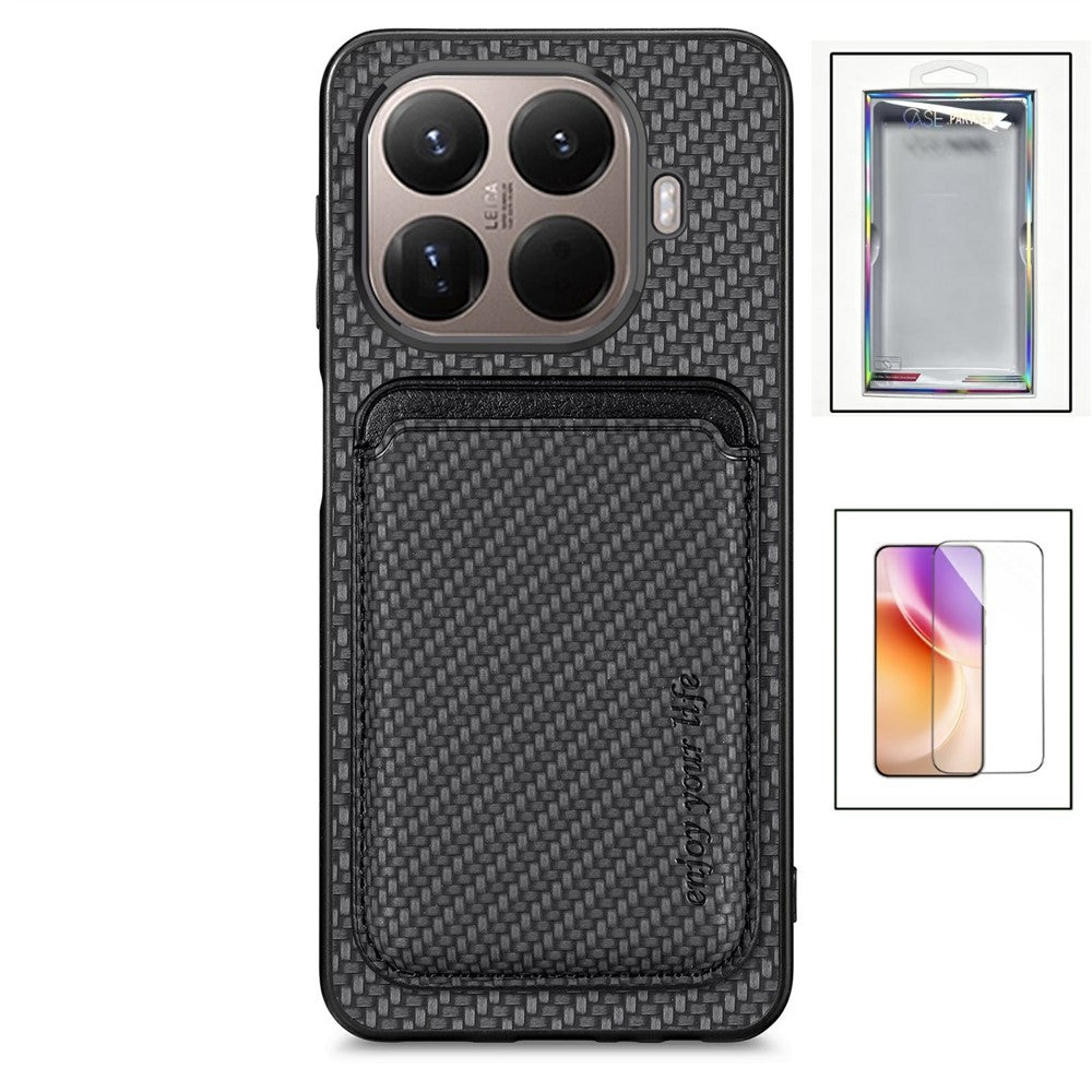 For Xiaomi 17T Magnetic Case Detachable Card Holder Carbon Fiber Texture Phone Cover with Tempered Glass Screen Protector