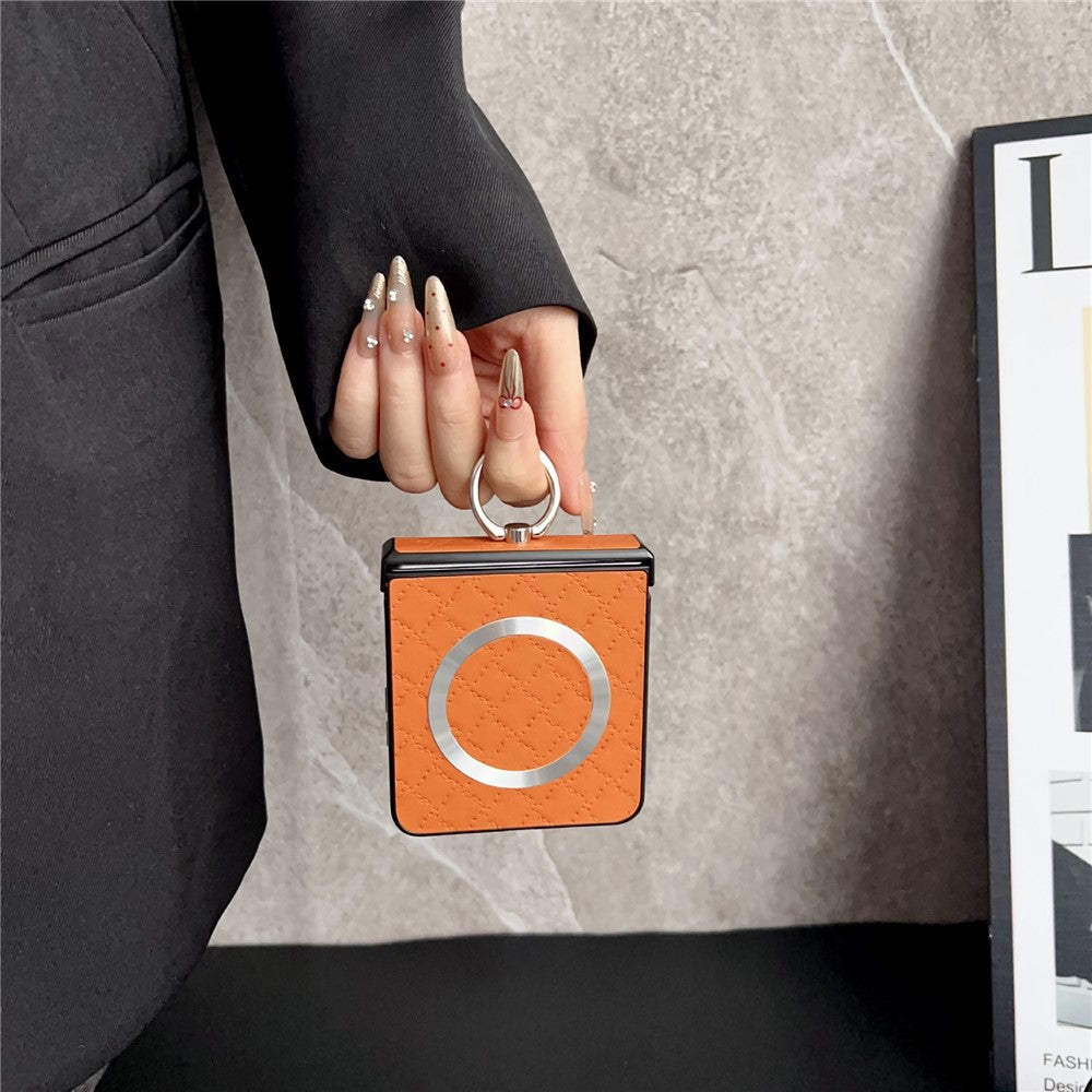 Samsung Galaxy Z Flip7 5G Magnetiskt Skal Diamantbehandlat Läder Bakstycke med Ringhållare Stöd