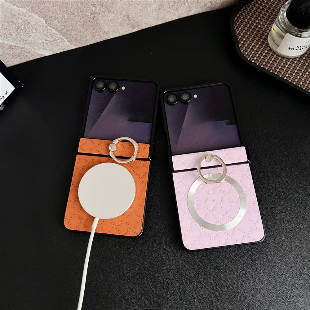 Samsung Galaxy Z Flip7 5G Magnetiskt Skal Diamantbehandlat Läder Bakstycke med Ringhållare Stöd