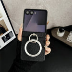 Samsung Galaxy Z Flip7 5G Magnetiskt Skal Diamantbehandlat Läder Bakstycke med Ringhållare Stöd