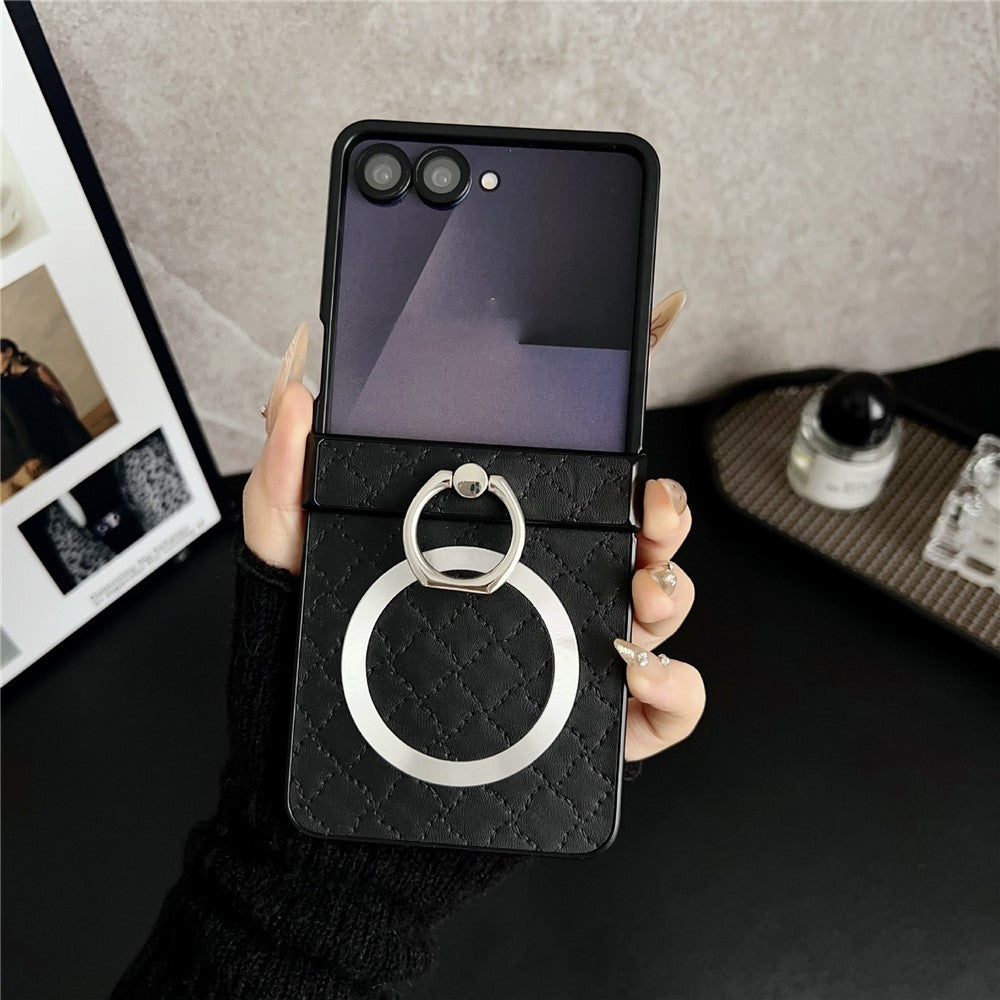 Samsung Galaxy Z Flip7 5G Magnetiskt Skal Diamantbehandlat Läder Bakstycke med Ringhållare Stöd