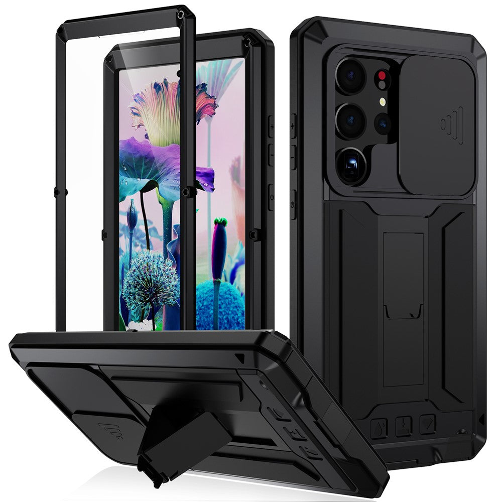 R-JUST For Samsung Galaxy S23 Ultra Slide Camera Lid PC+Silicone+Metal Phone Anti-drop Case Hidden Kickstand Back Cover with Tempered Glass Screen Protector