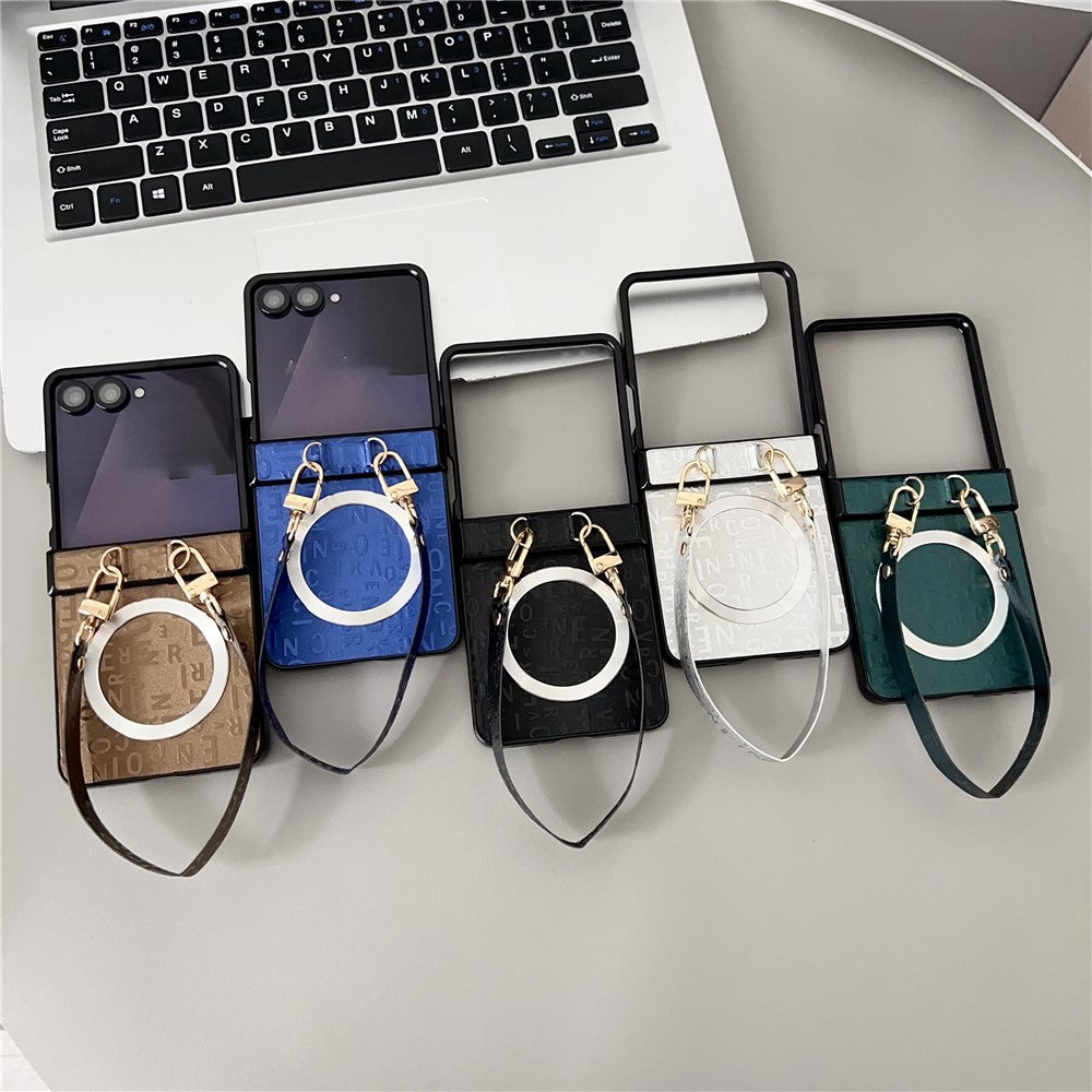 Til Samsung Galaxy Z Flip7 5G Magnetisk Etui Bogstavmønster Læder + PC Foldbart Telefoncover med Snor