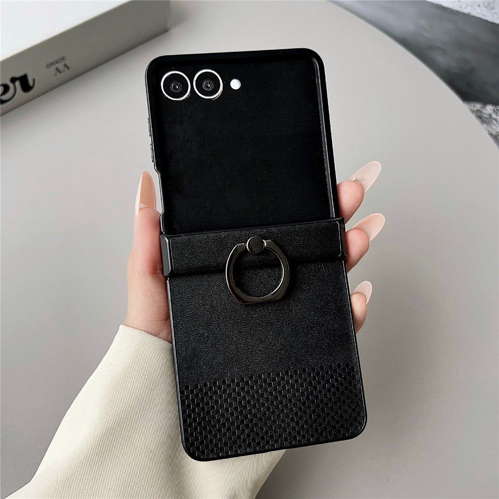 For Samsung Galaxy Z Flip7 5G Case Plaid Grid Pattern Leather + PC Foldable Phone Cover with Ring Kickstand
