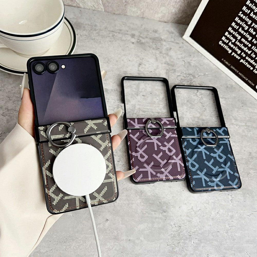 For Samsung Galaxy Z Flip7 5G Magnetic Case Pixelated Letter Pattern Leather + PC Folding Phone Cover with Ring Kickstand