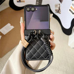 For Samsung Galaxy Z Flip7 5G Case Air Cushion V-Pattern Diamond Grid Leather + PC Phone Cover with Lanyard