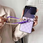 For Samsung Galaxy Z Flip7 5G Case Air Cushion V-Pattern Diamond Grid Leather + PC Phone Cover with Lanyard