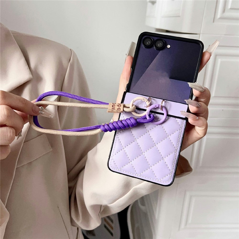 For Samsung Galaxy Z Flip7 5G Case Air Cushion V-Pattern Diamond Grid Leather + PC Phone Cover with Lanyard