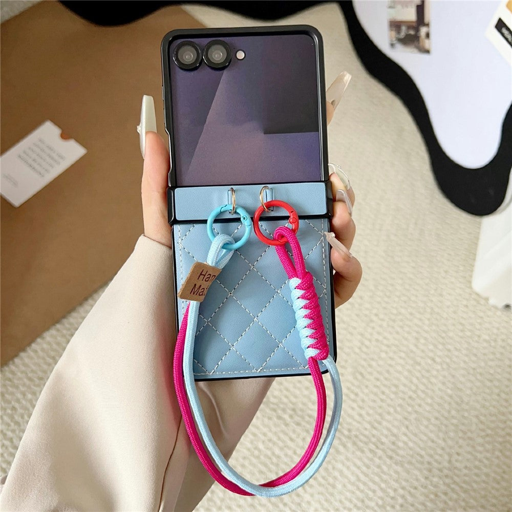 For Samsung Galaxy Z Flip7 5G Case Air Cushion V-Pattern Diamond Grid Leather + PC Phone Cover with Lanyard