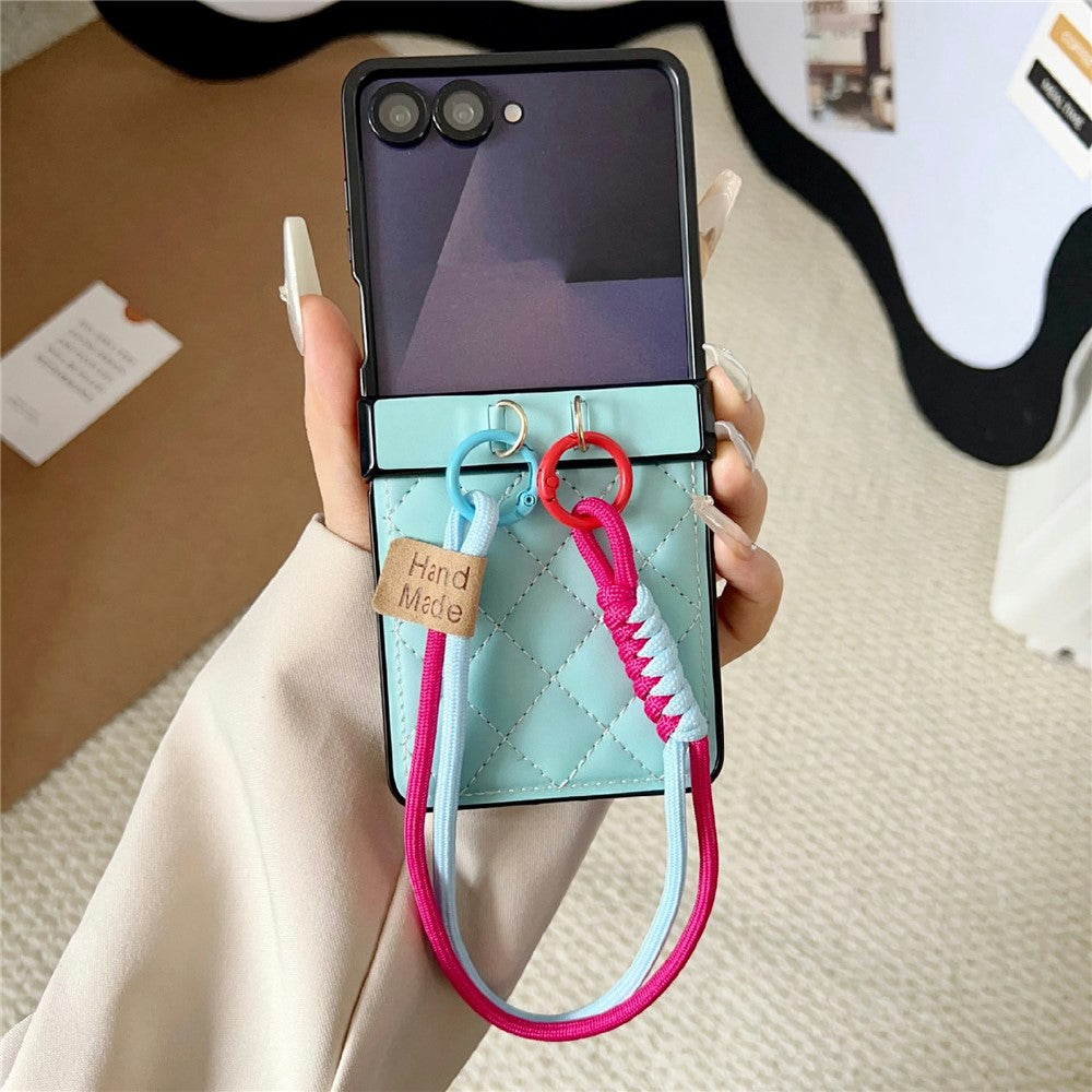 For Samsung Galaxy Z Flip7 5G Case Air Cushion V-Pattern Diamond Grid Leather + PC Phone Cover with Lanyard
