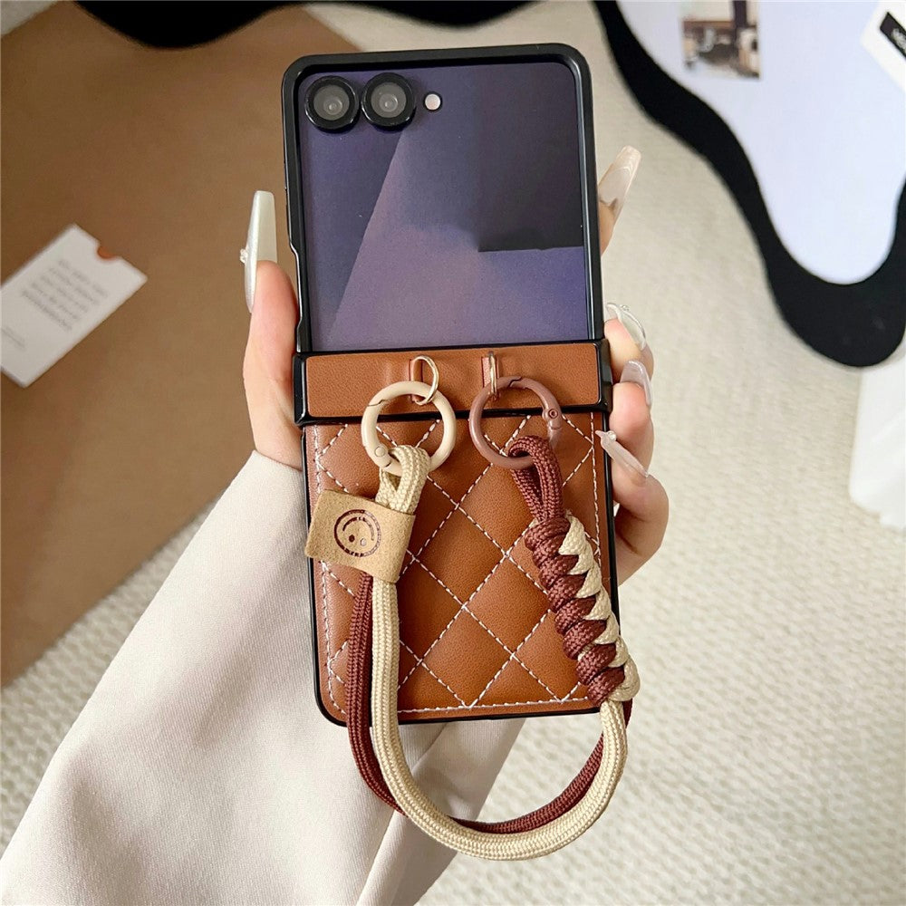 For Samsung Galaxy Z Flip7 5G Case Air Cushion V-Pattern Diamond Grid Leather + PC Phone Cover with Lanyard