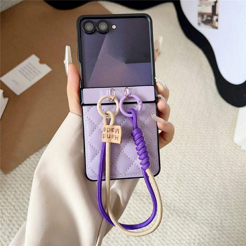 For Samsung Galaxy Z Flip7 5G Case Air Cushion V-Pattern Diamond Grid Leather + PC Phone Cover with Lanyard