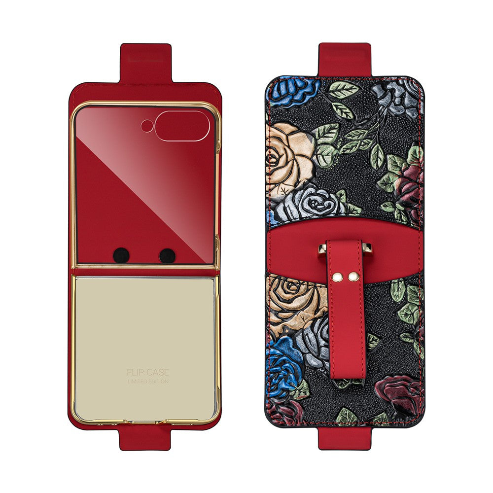 For Samsung Galaxy Z Flip8 Kickstand Case Flower Pattern Leather + PC Phone Cover with Back Film
